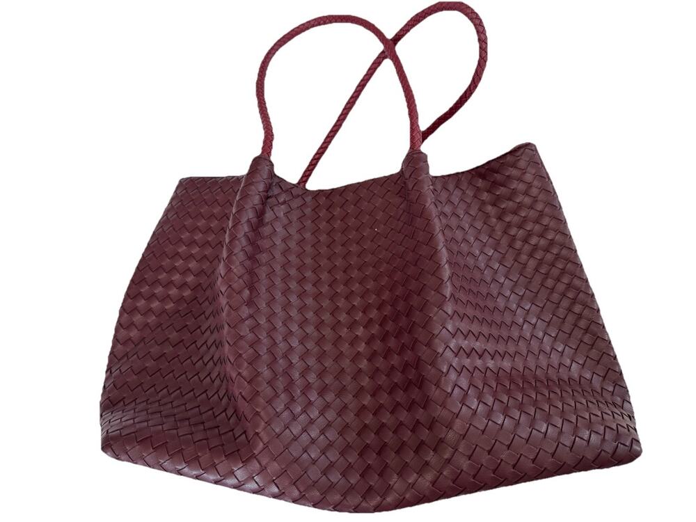 Lulu Dharma Burgundy Woven Tote Shoulder Bag Double Handles Gold Hardware